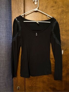 Free People Black Long Sleeve Scoop Neck Top with Lace Shoulder Trim